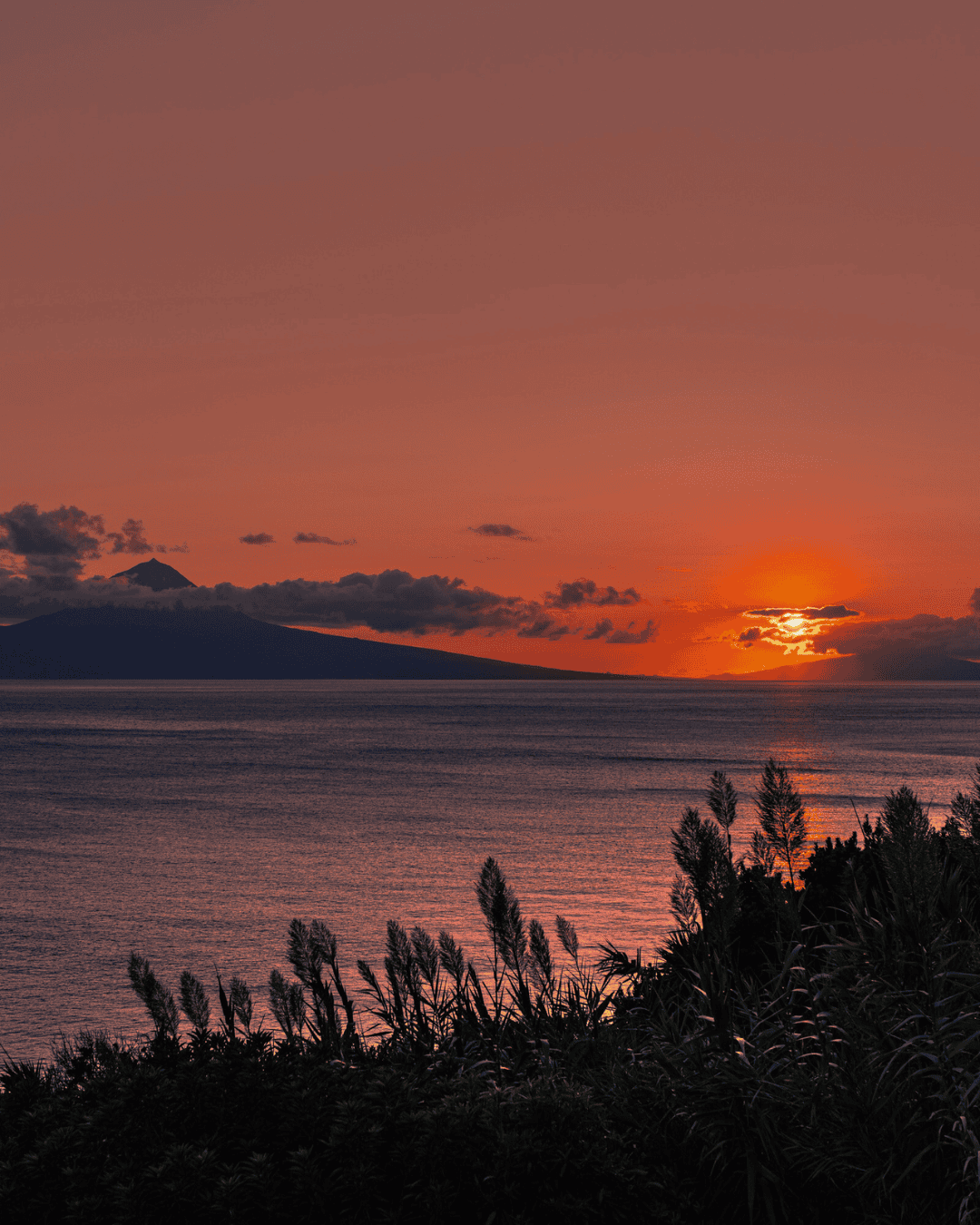Vista da costa de São Jorge ao entardecer, com a ilha do Pico ao fundo